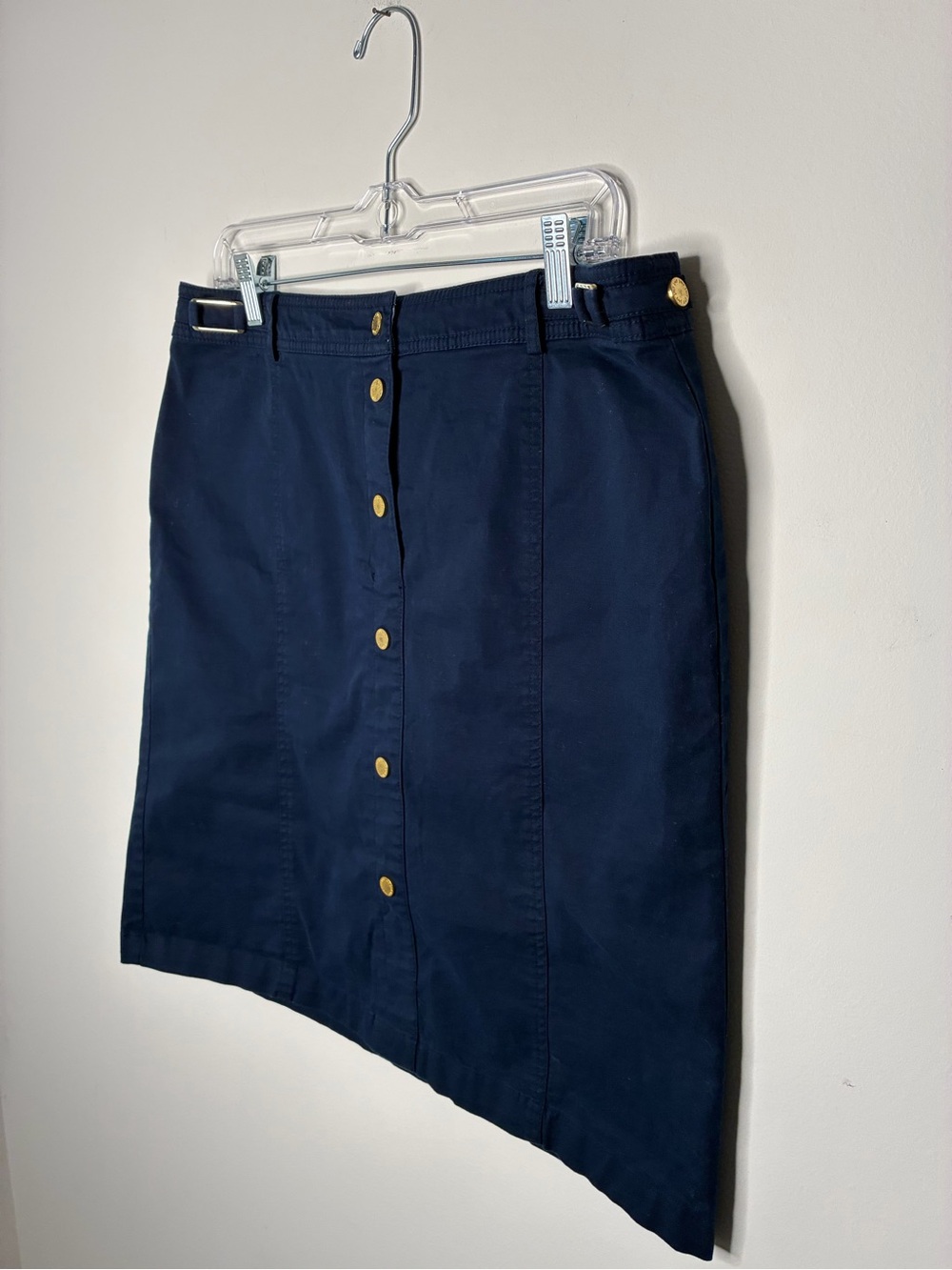 Jones New York Navy Asymmetrical Skirt with Gold Snap Buttons S-12-Career-Chic